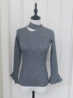 New Gray Ribbed Mock Neck Sweater with Ruffle Cuffs